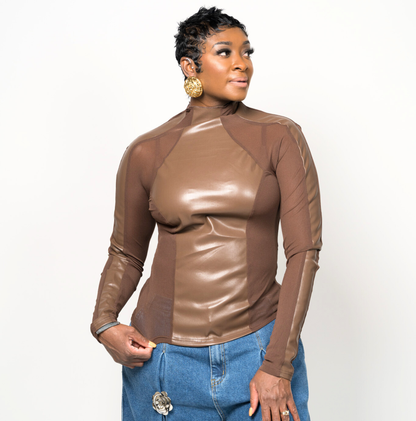 Leather Edge Mesh Top