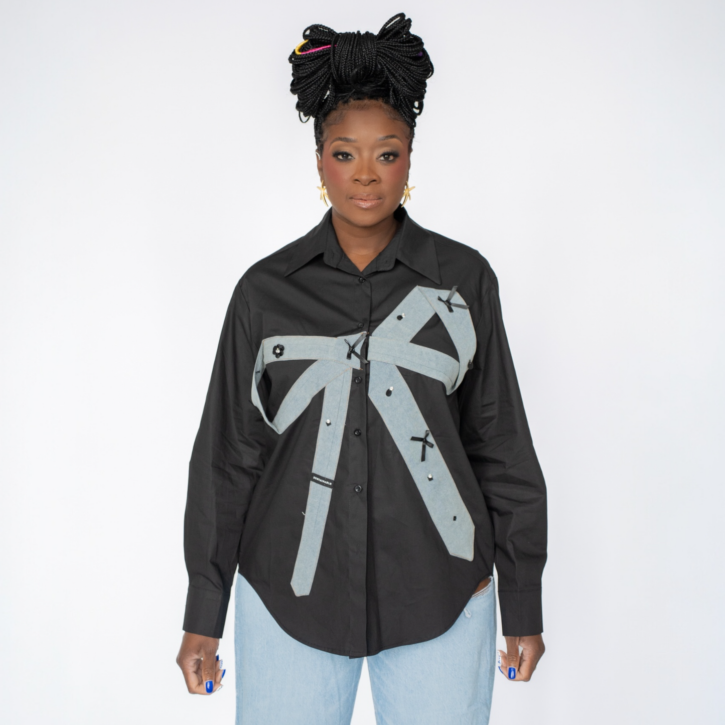 Denim Bow Button-Up Top