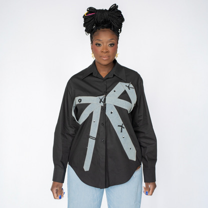 Denim Bow Button-Up Top