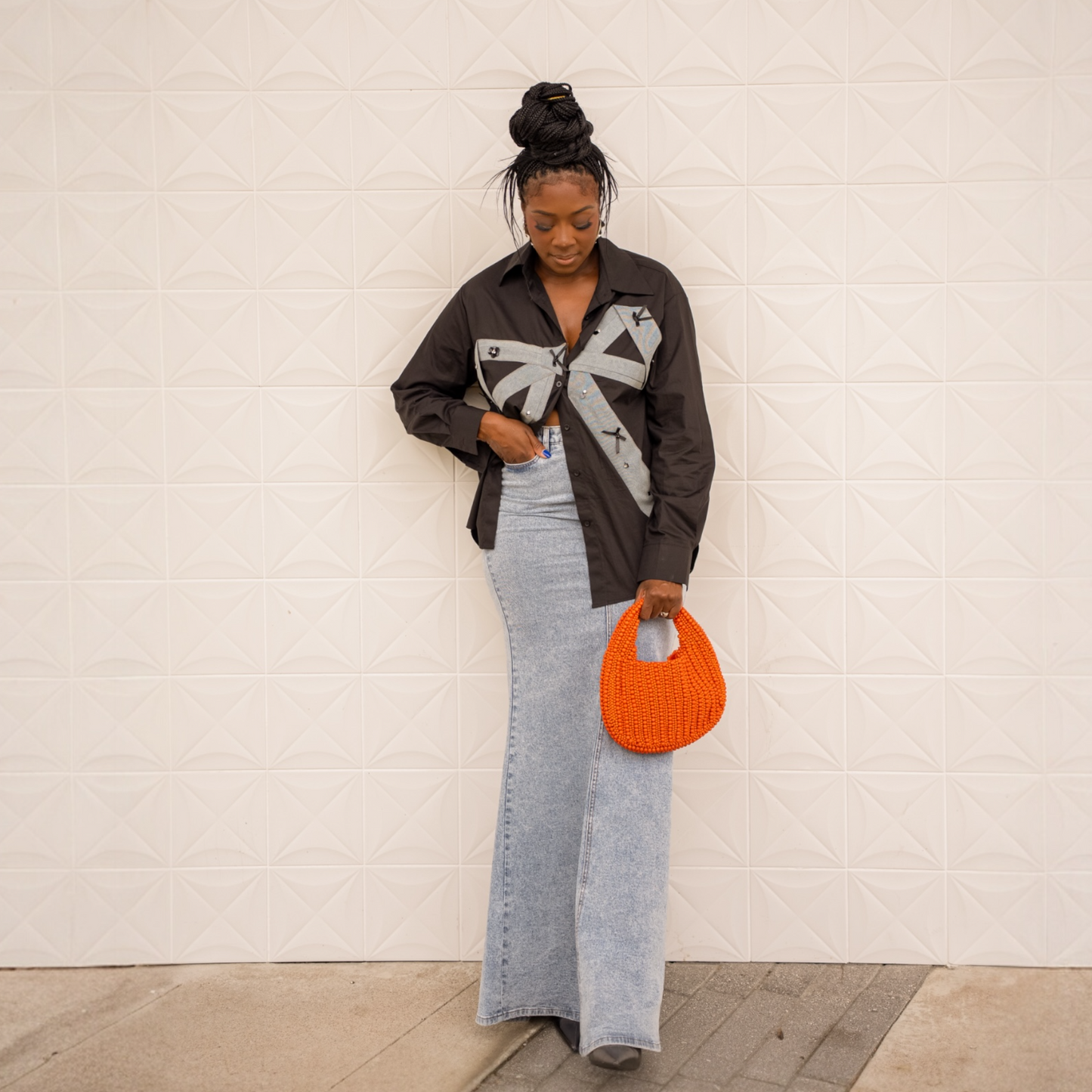 Denim Bow Button-Up Top