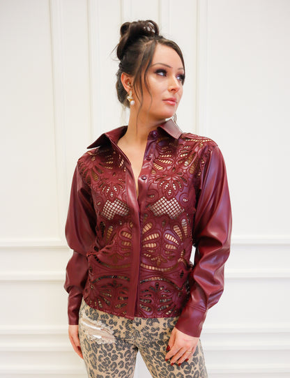 Crimson Cutout Faux Leather Button Up Top