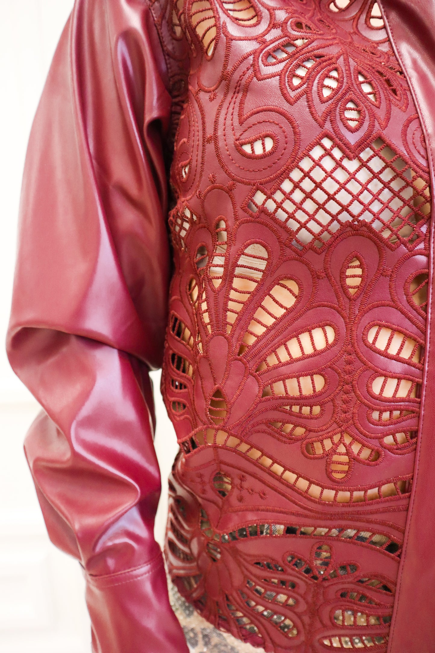 Crimson Cutout Faux Leather Button Up Top