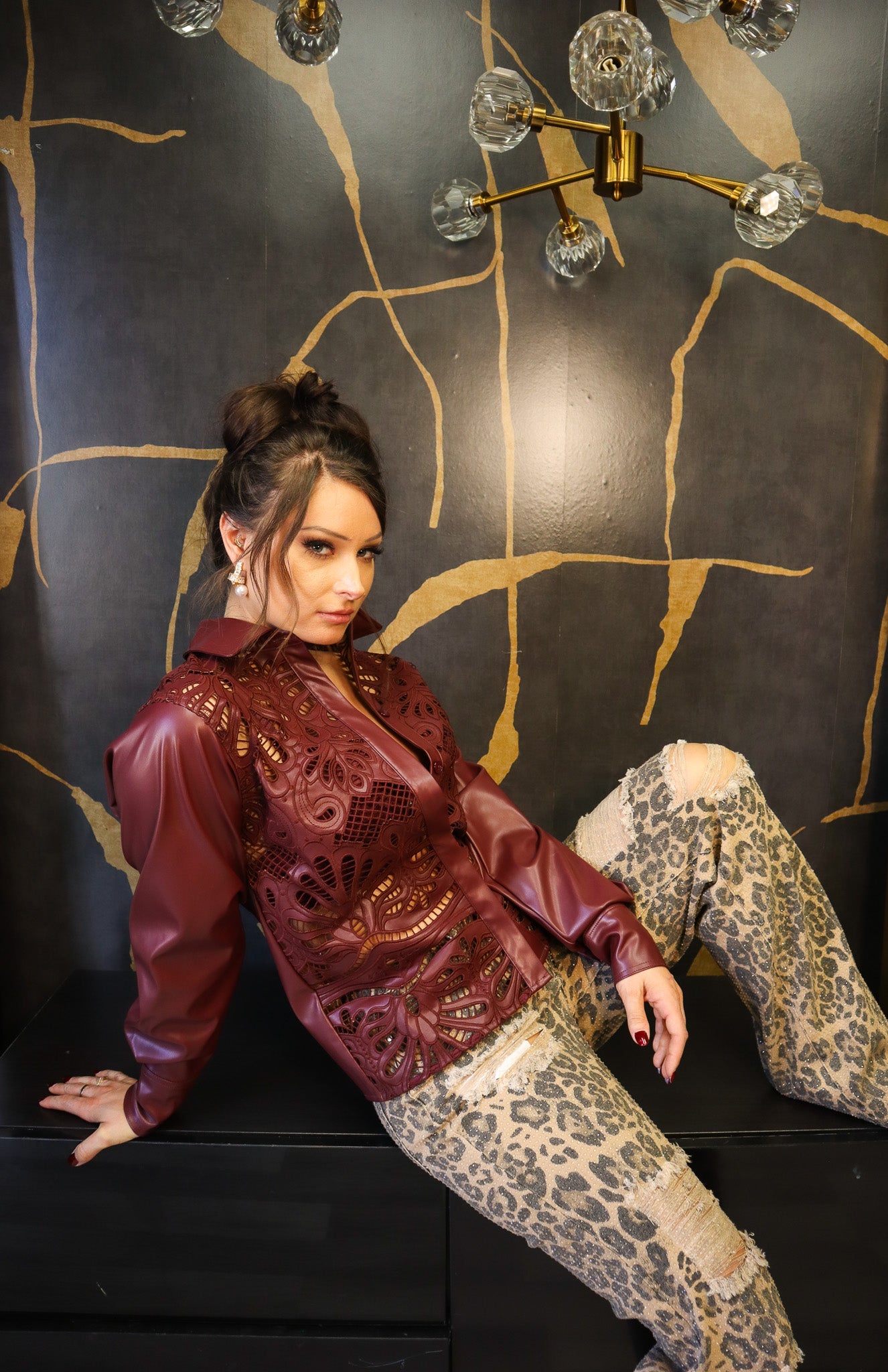 Crimson Cutout Faux Leather Button Up Top